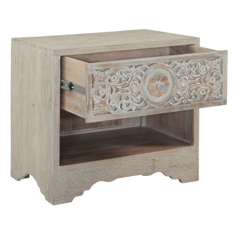 Taj 26" Nightstand with Plinth Base in Carved Heirloom White by Home Trends & Design at Eve Furniture