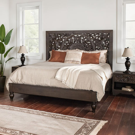 Taj King Bed in Hand Carved Vintage Brown by Home Trends & Design at Eve Furniture