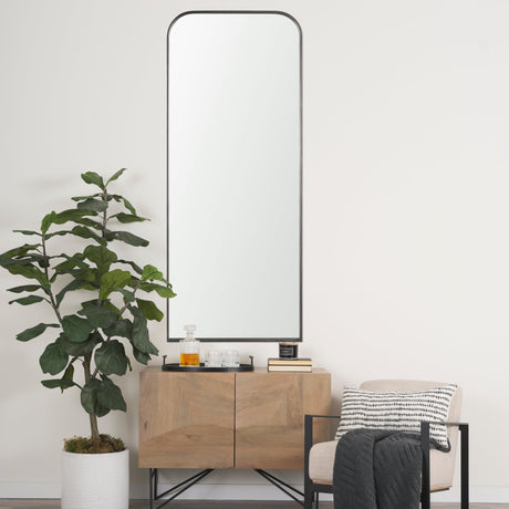 Tamira Tall Brushed Gunmetal Metal Arched Mirror by Mercana at Eve Furniture