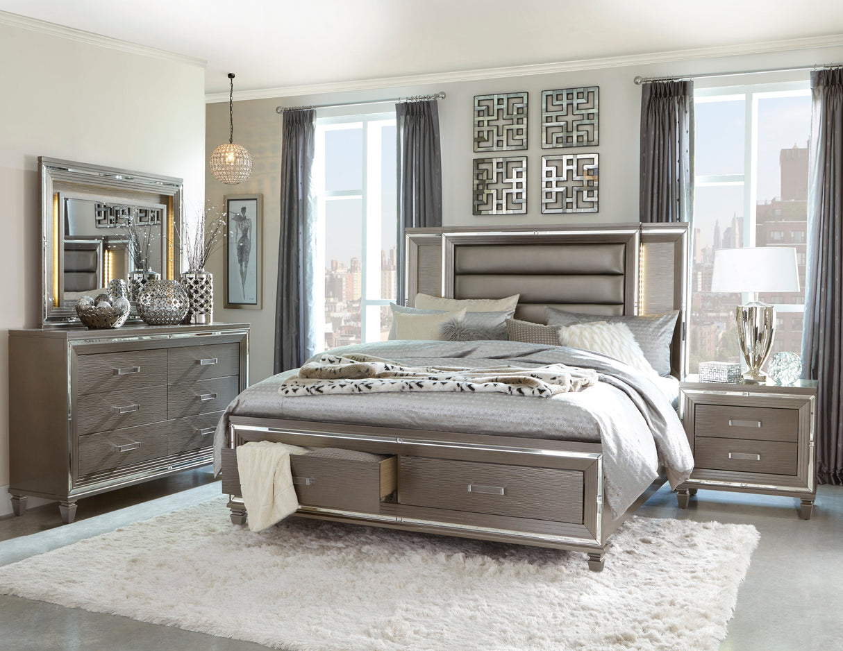 Tamsin Silver/Gray Metallic California King LED Upholstered Storage Platform Bed by Homelegance at Eve Furniture