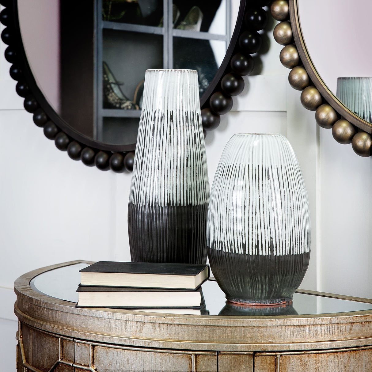 Tanami II Short Dark Brown/White Glazed Ceramic Vase by Mercana at Eve Furniture