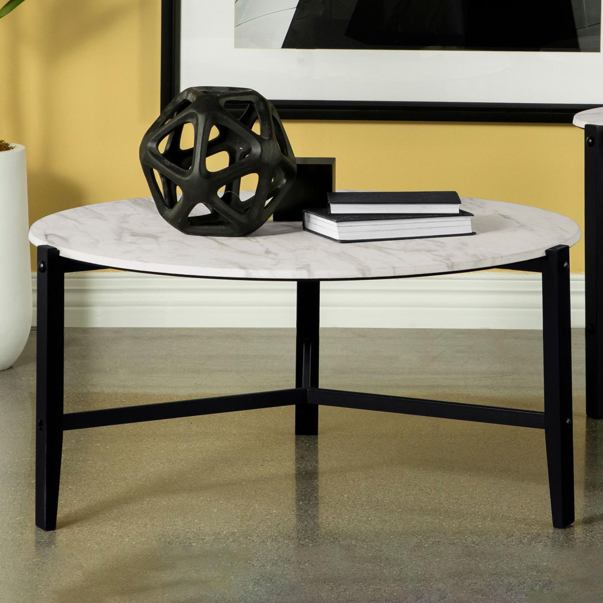 Tandi Faux White Marble/Black Round Coffee Table by Coaster at Eve Furniture