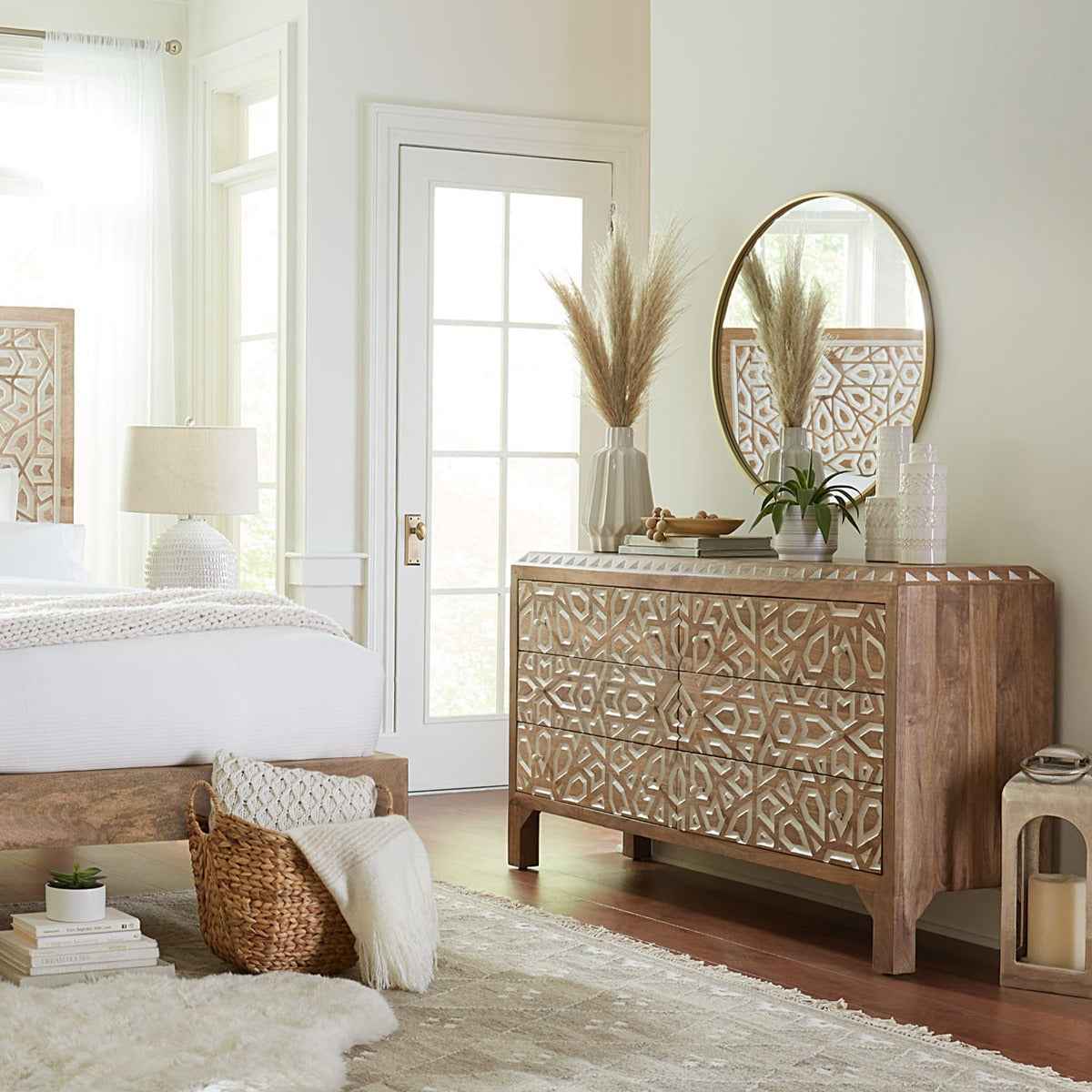 Tangiers 61" Six Drawer Dresser in Carved Natural White by Home Trends & Design at Eve Furniture