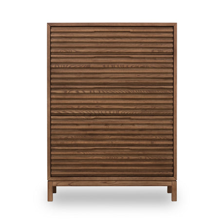Tanner Five Drawer Ash Wood Chest in Roux by Modus Furniture at Eve Furniture