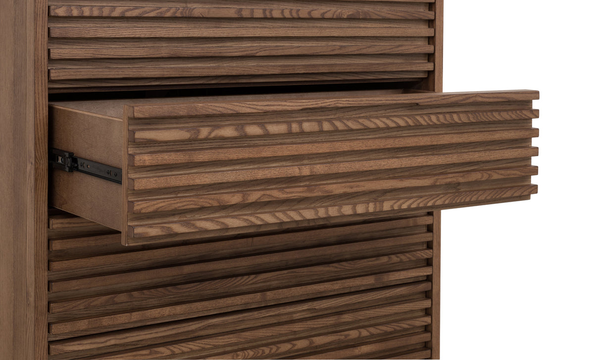 Tanner Five Drawer Ash Wood Chest in Roux by Modus Furniture at Eve Furniture