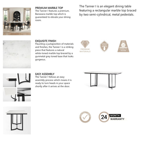 Tanner I Rectangular White Marble W/ Metal Base Dining Table by Mercana at Eve Furniture