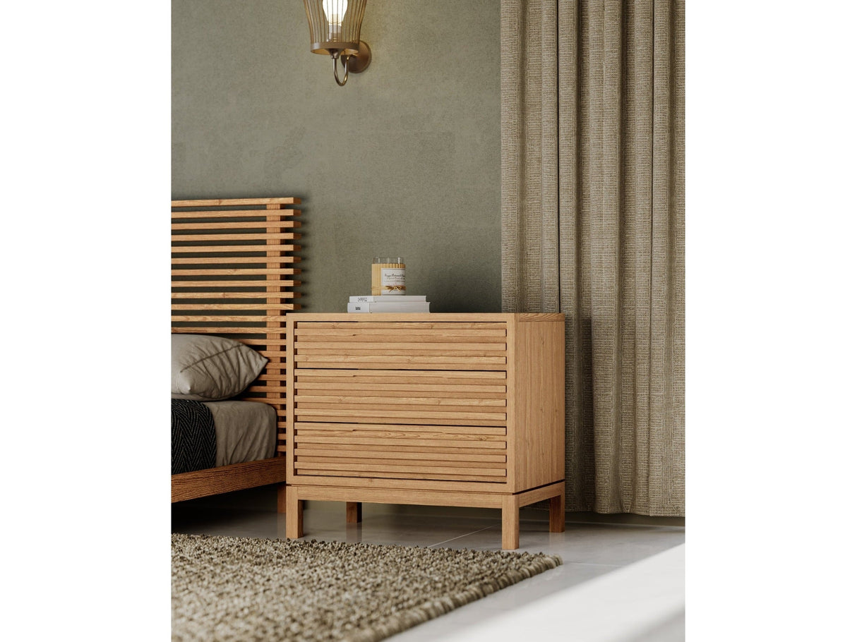 Tanner Three Drawer Ash Wood Nightstand in Flaxen by Modus Furniture at Eve Furniture