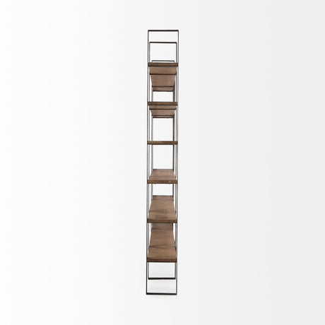 Taunton Medium Brown Wood W/ Antique Nickel Metal Frame 6 Tier Shelving Unit by Mercana at Eve Furniture