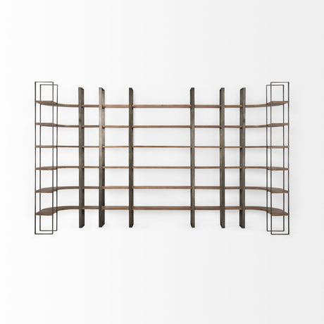 Taunton Medium Brown Wood W/ Antique Nickel Metal Frame 6 Tier Shelving Unit by Mercana at Eve Furniture