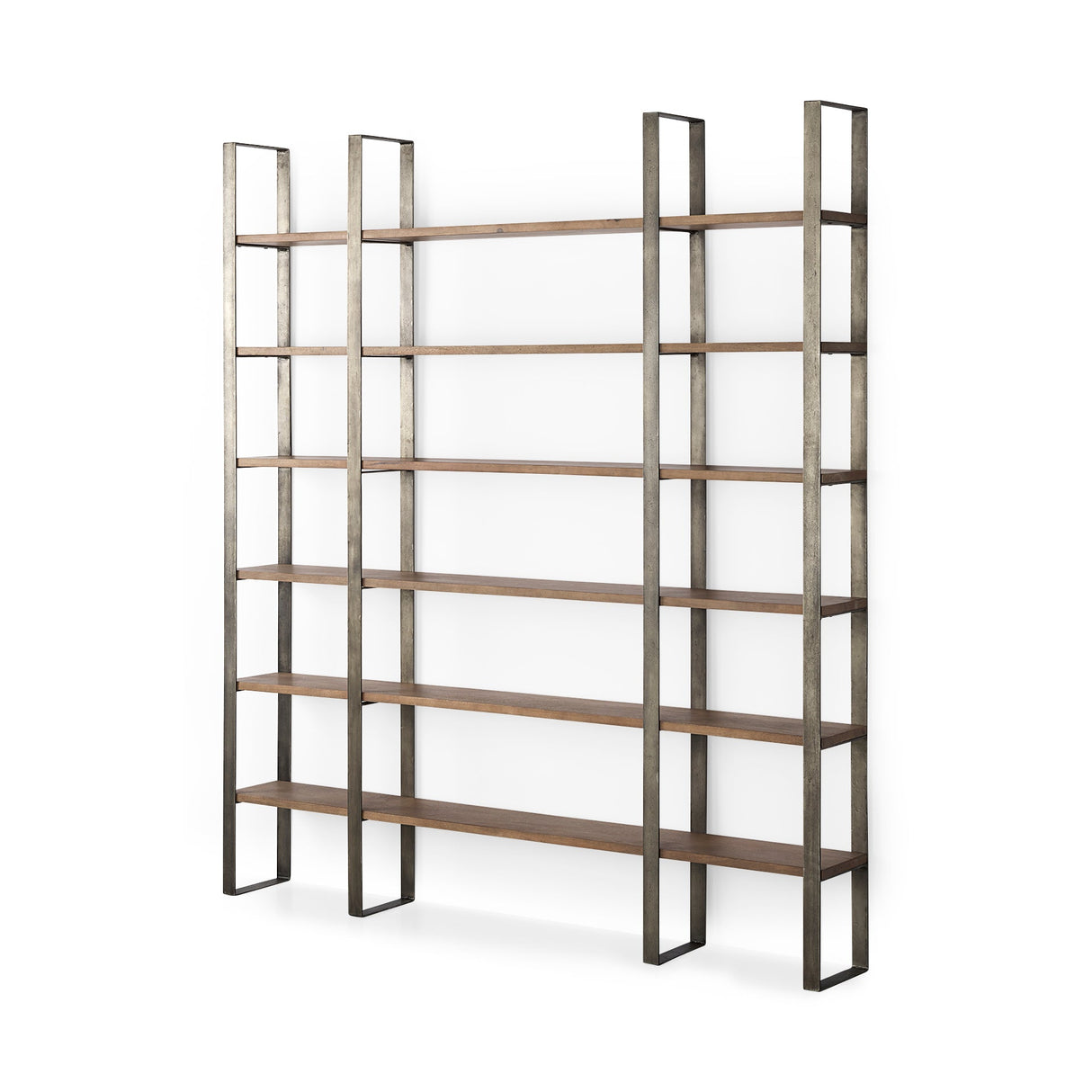 Taunton Medium Brown Wood W/ Antique Nickel Metal Frame 6 Tier Shelving Unit by Mercana at Eve Furniture