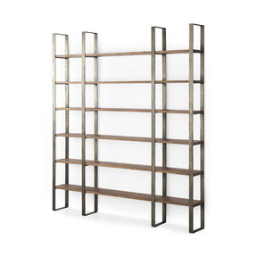 Taunton Medium Brown Wood W/ Antique Nickel Metal Frame 6 Tier Shelving Unit by Mercana at Eve Furniture