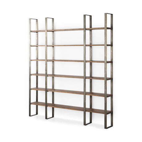 Taunton Medium Brown Wood W/ Antique Nickel Metal Frame 6 Tier Shelving Unit by Mercana at Eve Furniture