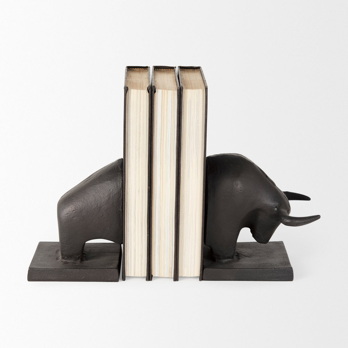 Tauro III (Set of 2) 10L x 5W Black Cast Aluminum Raging Bull Bookends by Mercana at Eve Furniture