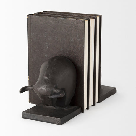 Tauro III (Set of 2) Black Cast Aluminum Raging Bull Bookends by Mercana at Eve Furniture
