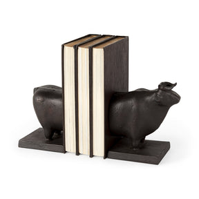 Taurus III (Set of 2) Black Cast Aluminum Bull Bookends by Mercana at Eve Furniture