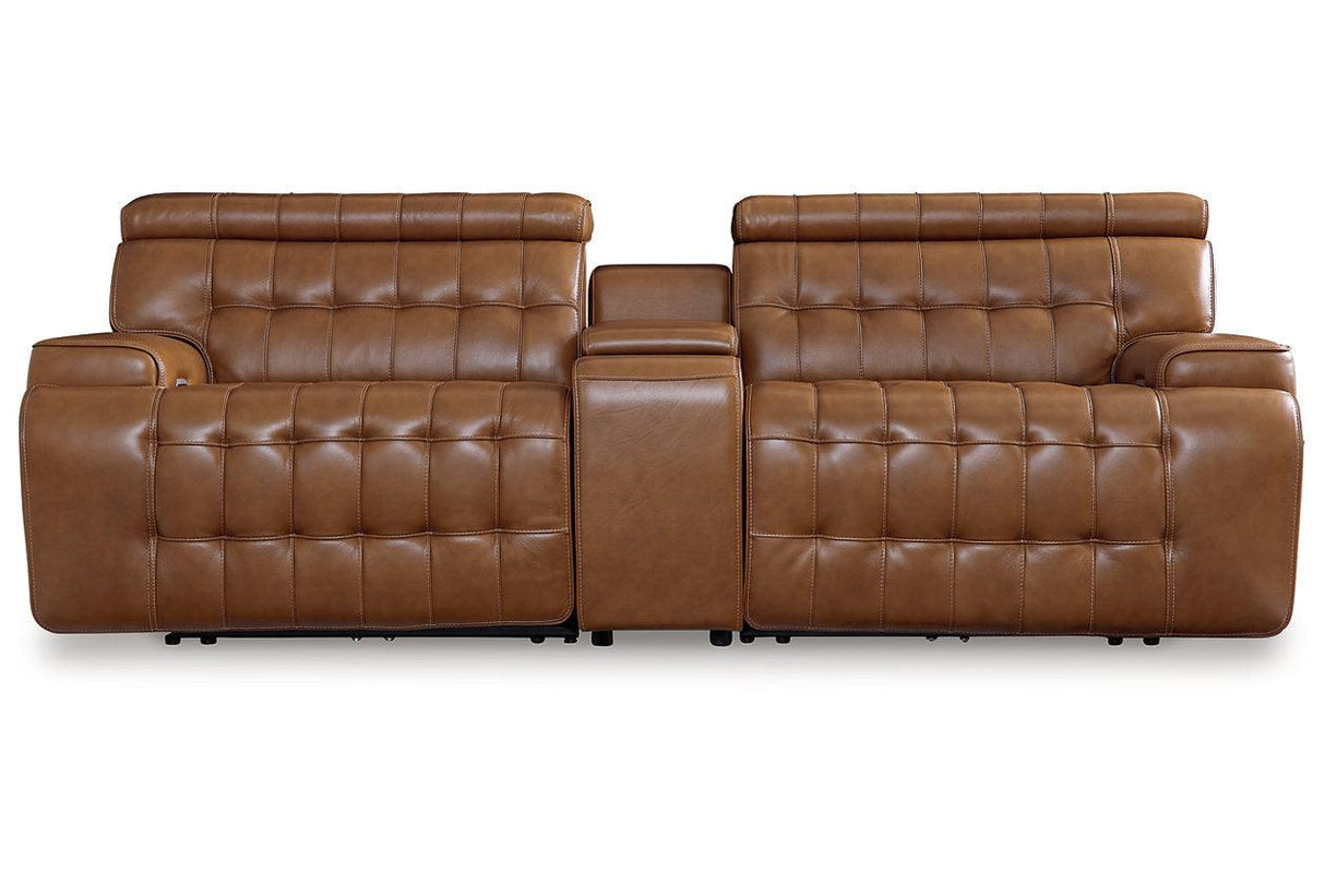 Temmpton Chocolate 3-Piece Power Reclining Sectional Loveseat with Console by Ashley at Eve Furniture