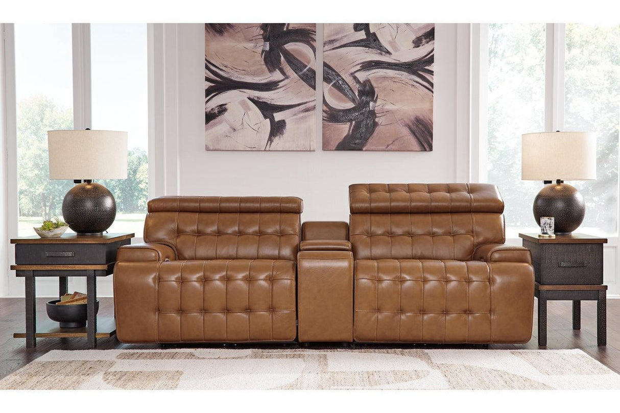 Temmpton Chocolate 3-Piece Power Reclining Sectional Loveseat with Console by Ashley at Eve Furniture