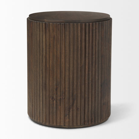 Terra Dark Brown Wood Fluted Round Side Table by Mercana at Eve Furniture