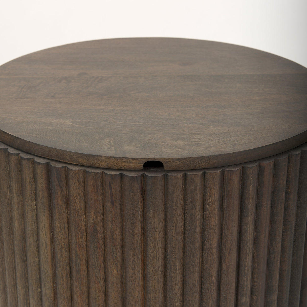 Terra Dark Brown Wood Fluted Round Side Table by Mercana at Eve Furniture