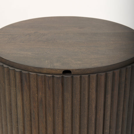 Terra Dark Brown Wood Fluted Round Side Table by Mercana at Eve Furniture