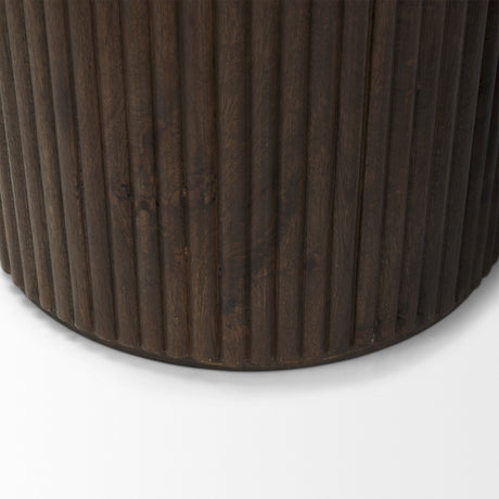 Terra Dark Brown Wood Fluted Round Side Table by Mercana at Eve Furniture