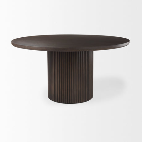 Terra Dark Brown Wood Round Fluted Dining Table by Mercana at Eve Furniture