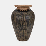 Terracotta, 19" Lines Vase W/ Woven Top, Multi