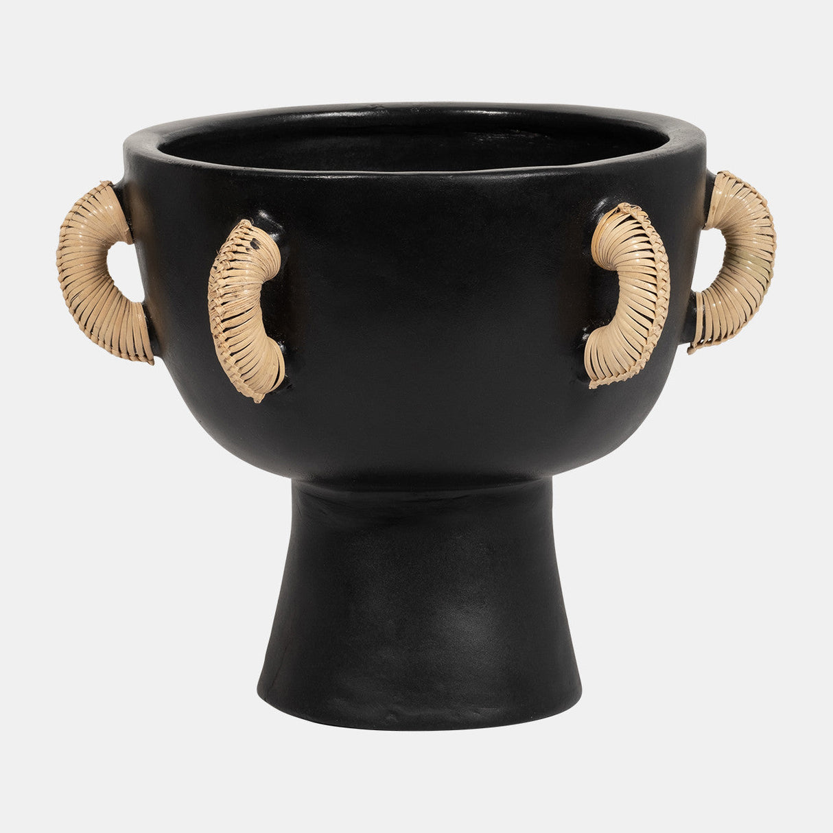 Terracotta, 9"h Eared Bowl On Stand Vase, Black