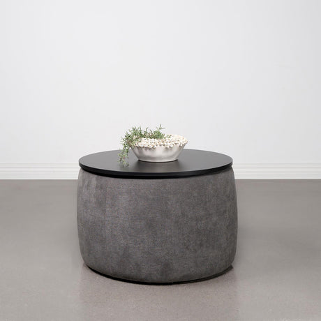 Tesoro Grey and Black Upholstered Round Lift Top Storage Ottoman by Coaster at Eve Furniture
