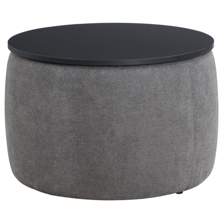 Tesoro Grey and Black Upholstered Round Lift Top Storage Ottoman by Coaster at Eve Furniture