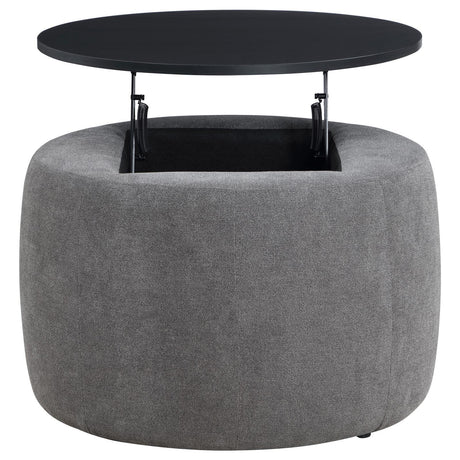 Tesoro Grey and Black Upholstered Round Lift Top Storage Ottoman by Coaster at Eve Furniture