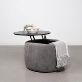Tesoro Grey and Black Upholstered Round Lift Top Storage Ottoman by Coaster at Eve Furniture