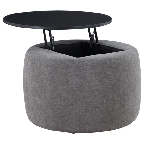 Tesoro Grey and Black Upholstered Round Lift Top Storage Ottoman by Coaster at Eve Furniture