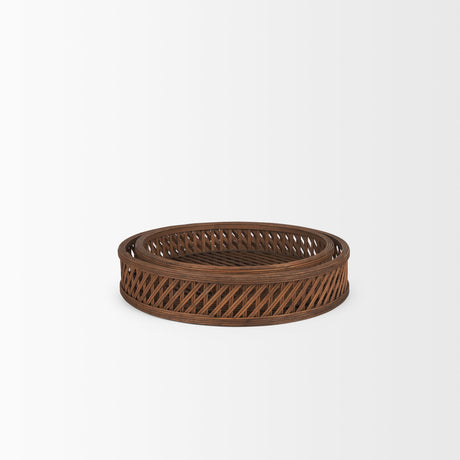 Thala Medium Brown Round Wicker Tray (Set of 2) by Mercana at Eve Furniture