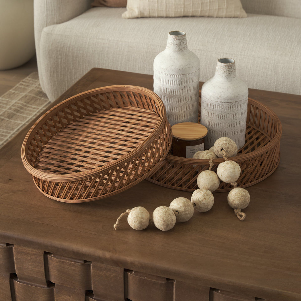 Thala Medium Brown Round Wicker Tray (Set of 2) by Mercana at Eve Furniture