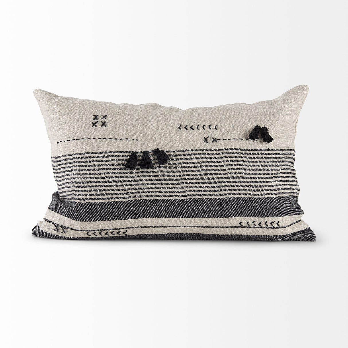 Thalia Black and Beige Fabric Striped and Fringed Decorative Pillow Cover by Mercana at Eve Furniture
