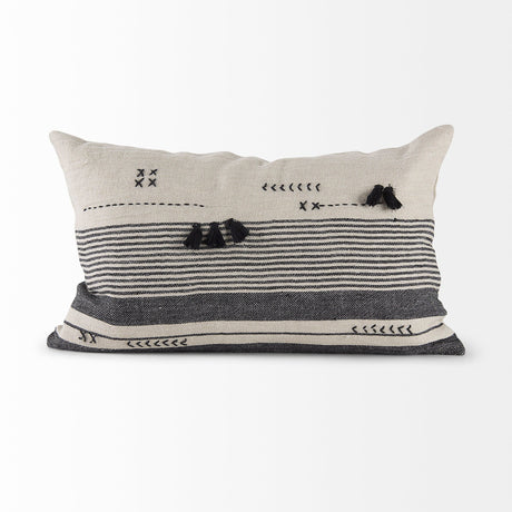 Thalia Black and Beige Fabric Striped and Fringed Decorative Pillow Cover by Mercana at Eve Furniture
