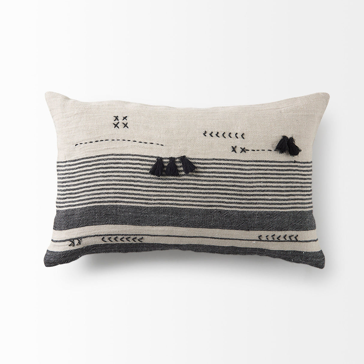 Thalia Black and Beige Fabric Striped and Fringed Decorative Pillow Cover by Mercana at Eve Furniture