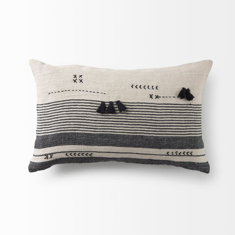 Thalia Black and Beige Fabric Striped and Fringed Decorative Pillow Cover by Mercana at Eve Furniture
