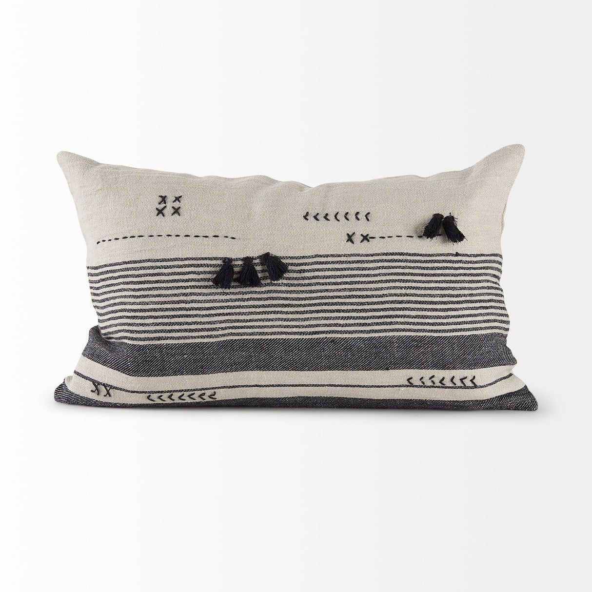 Thalia Black and Beige Fabric Striped w/Fringe Pillow Cover w/Down Filler, Set of 2 by Mercana at Eve Furniture