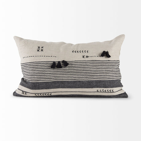 Thalia Black and Beige Fabric Striped w/Fringe Pillow Cover w/Non-Allergen Filler, Set of 2 by Mercana at Eve Furniture