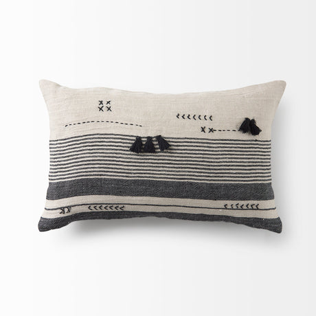 Thalia Black and Beige Fabric Striped w/Fringe Pillow Cover w/Non-Allergen Filler, Set of 2 by Mercana at Eve Furniture