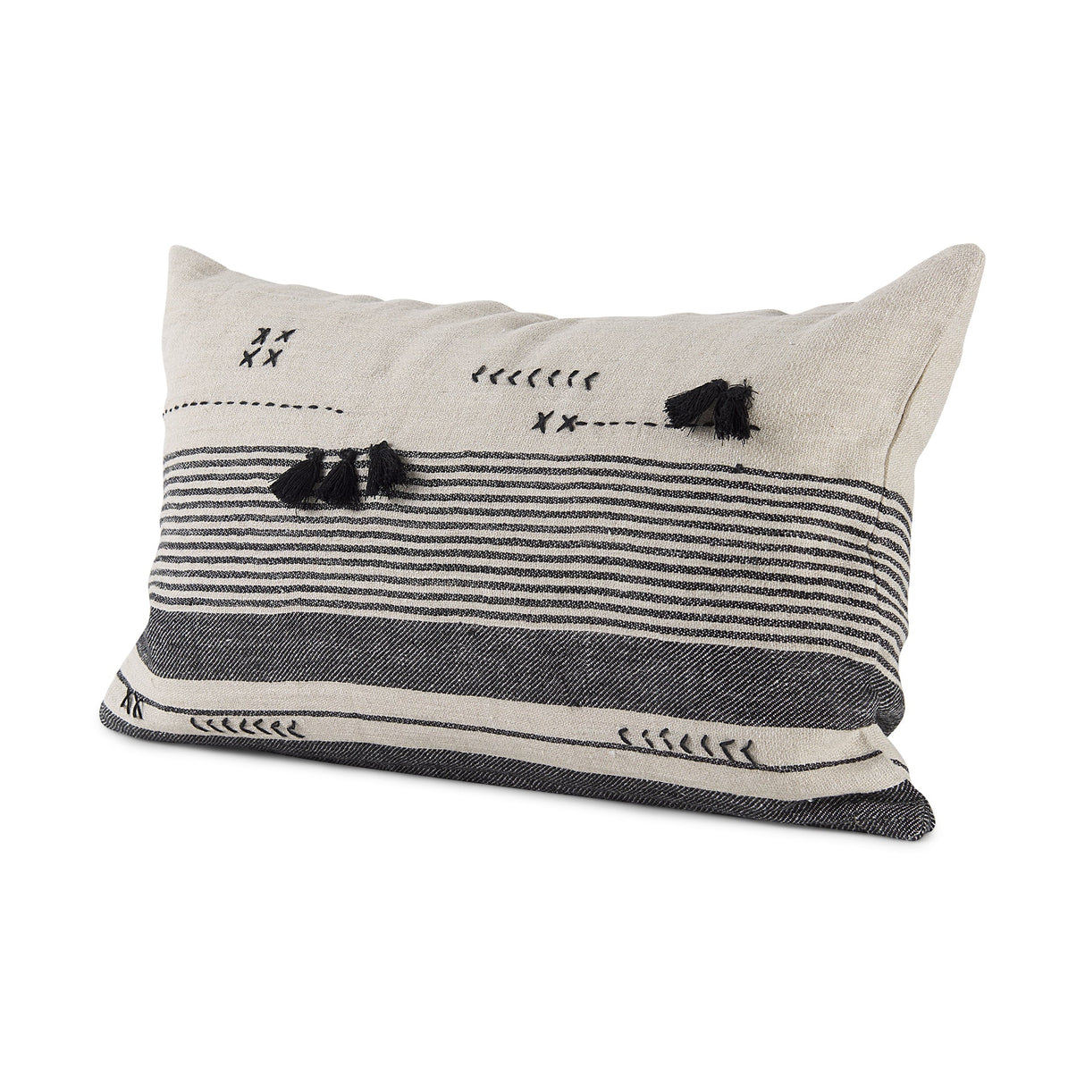Thalia Black and Beige Fabric Striped w/Fringe Pillow Cover w/Non-Allergen Filler, Set of 2 by Mercana at Eve Furniture