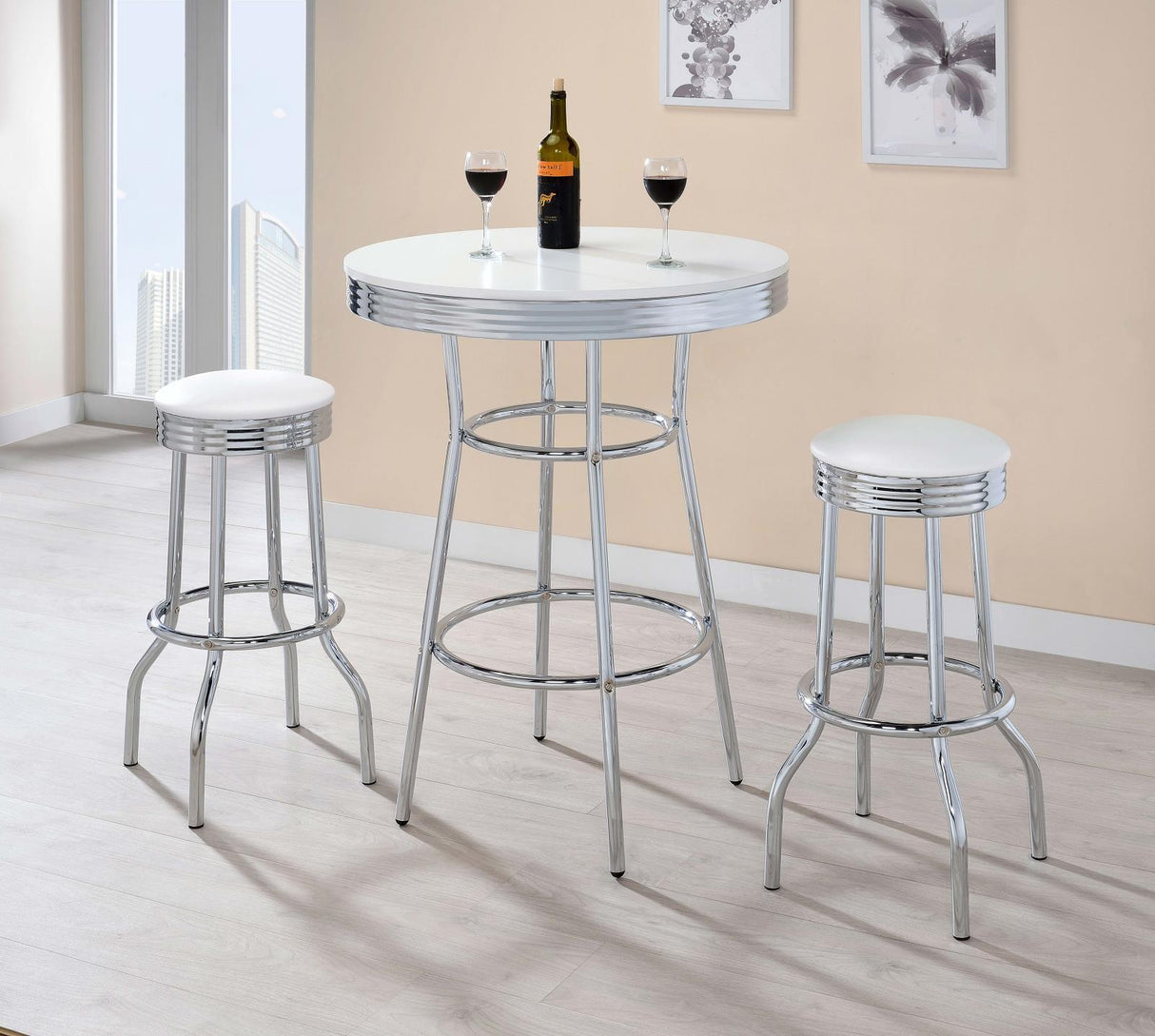 Theodore White/Chrome Upholstered Top Bar Stools, Set of 2