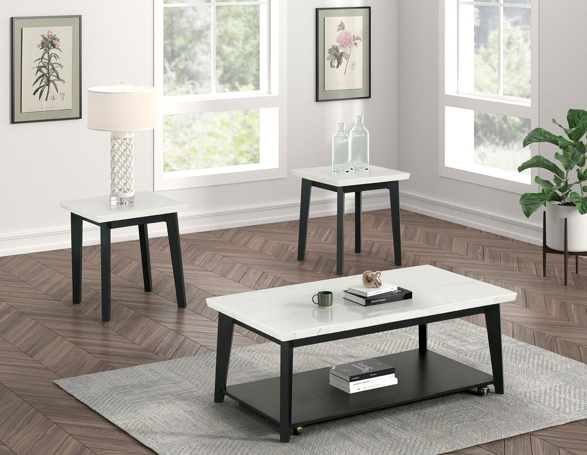 Thisted White/Black Rectangle Marble Coffee Table with Casters