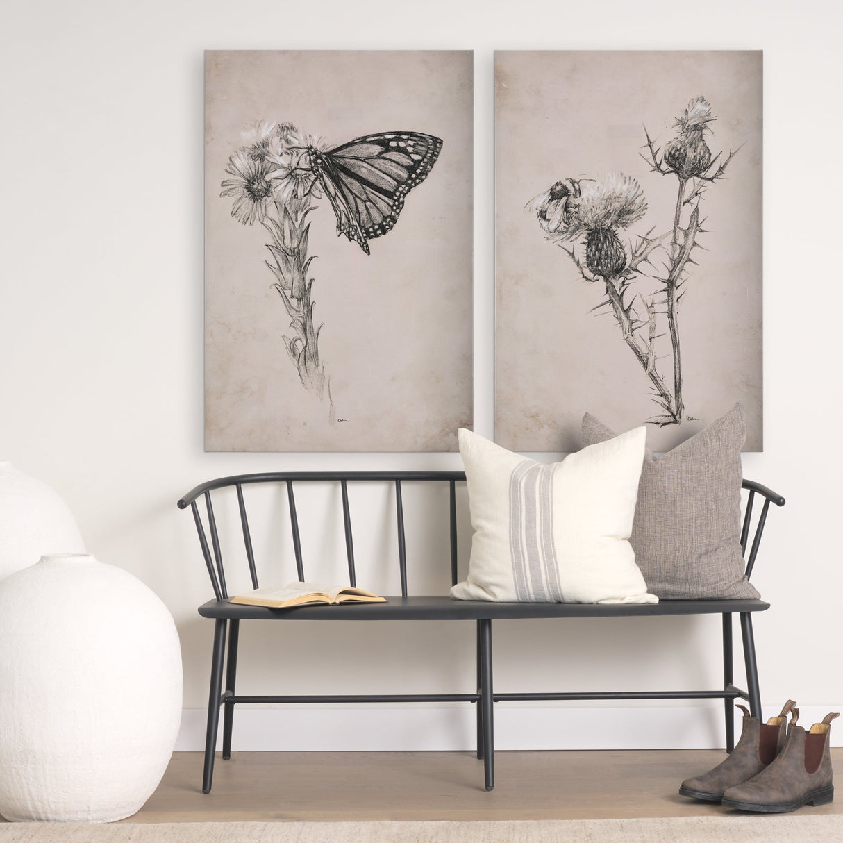 Thistle With Bumblebee Drawing IV by Mercana Studio a Hand Embellished Textured Canvas by Mercana at Eve Furniture