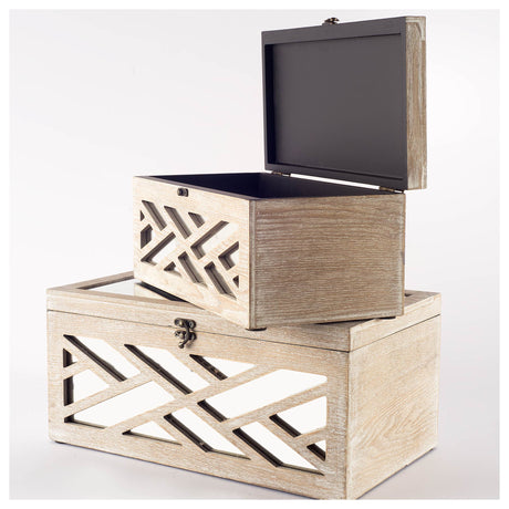 Tiffany (Set of 2) Off-White Wooden W/ Mirror Inlay Chevron Boxes by Mercana at Eve Furniture