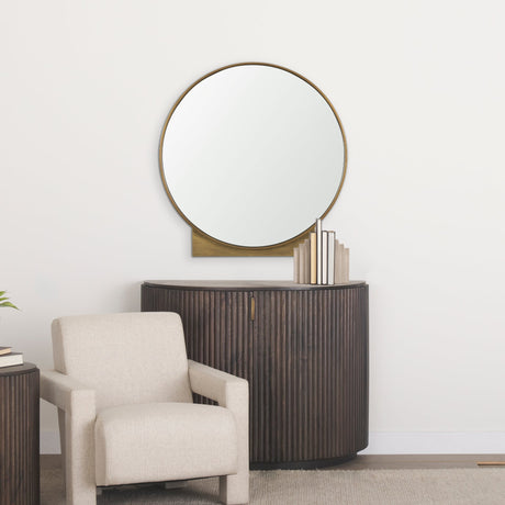 Tillie Round Brushed Gold Metal Frame Wall Mirror by Mercana at Eve Furniture