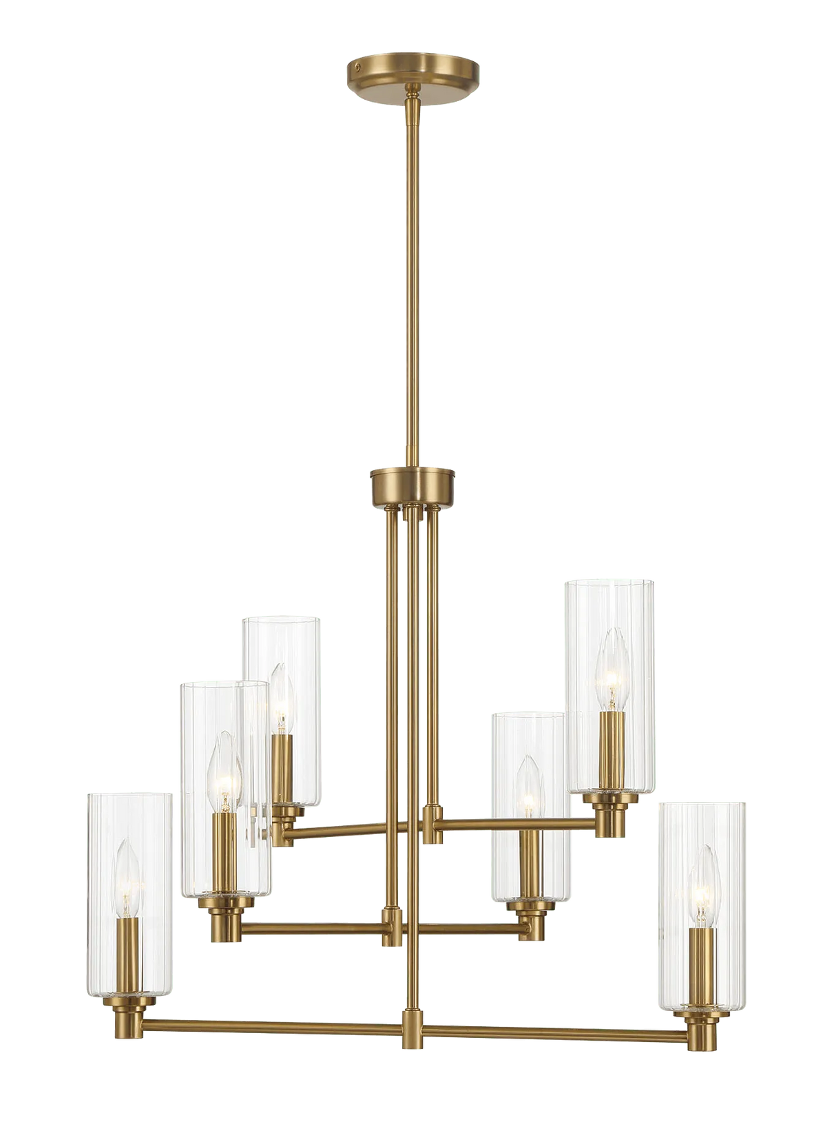 Timeless Six Lights Chandelier With Clear Ribbed Glass - Satin Brass by Ashcroft Furniture at Eve Furniture