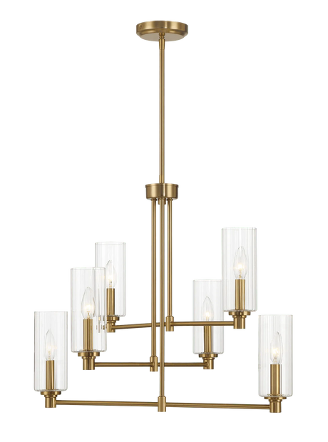 Timeless Six Lights Chandelier With Clear Ribbed Glass - Satin Brass by Ashcroft Furniture at Eve Furniture